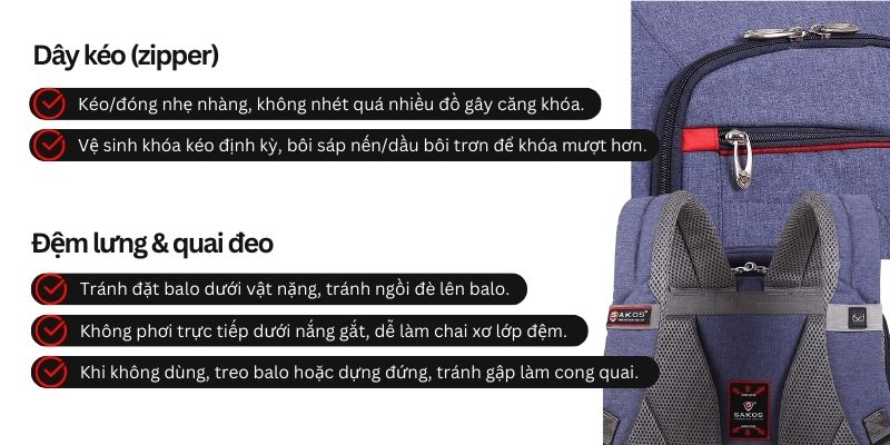 Bảo quản balo tránh hư hỏng dây kéo, đệm lưng