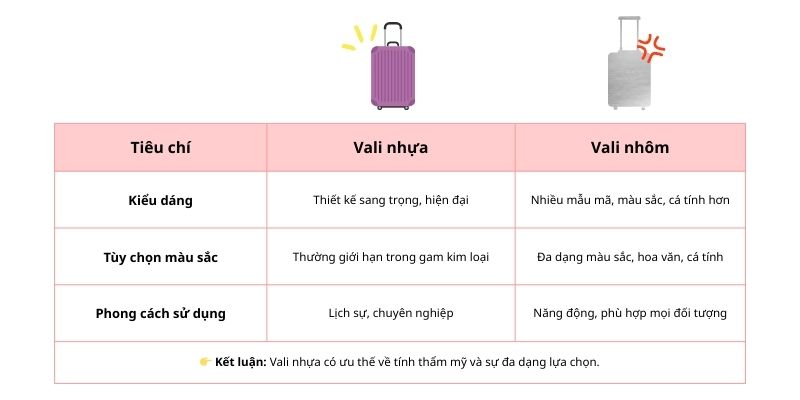 Thiết kế của vali nhựa và nhôm