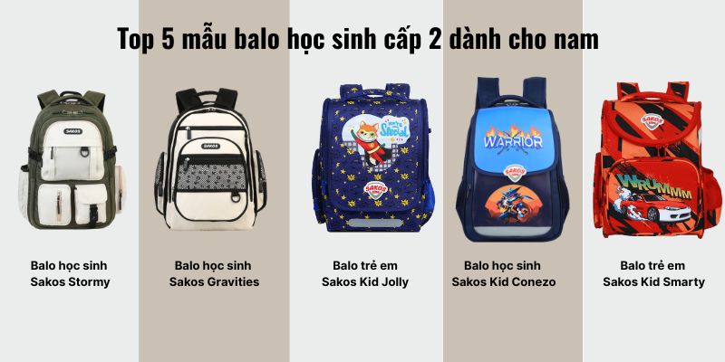 Top 5 mẫu balo học sinh cấp 2 dành cho nam (Ảnh: Sakos.vn)