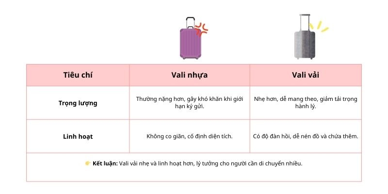 So sánh về trọng lượng & linh hoạt vali vải và vali nhựa