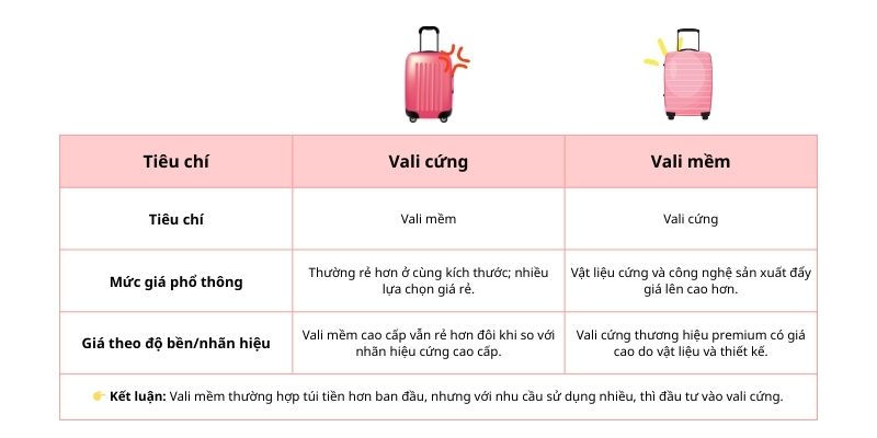 về giá vali nhựa cứng - mềm