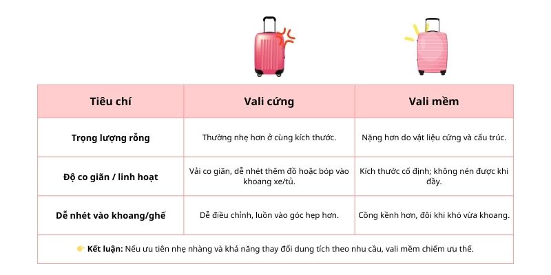 So sánh trọng lượng và tính linh hoạt của vali nhựa cứng và nhựa mềm