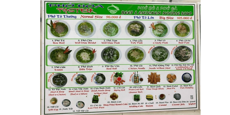 Thực đơn Phở Hòa