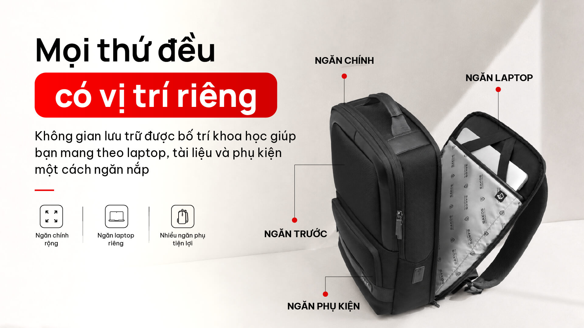 Balo laptop Sakos Movino 15.6" đen