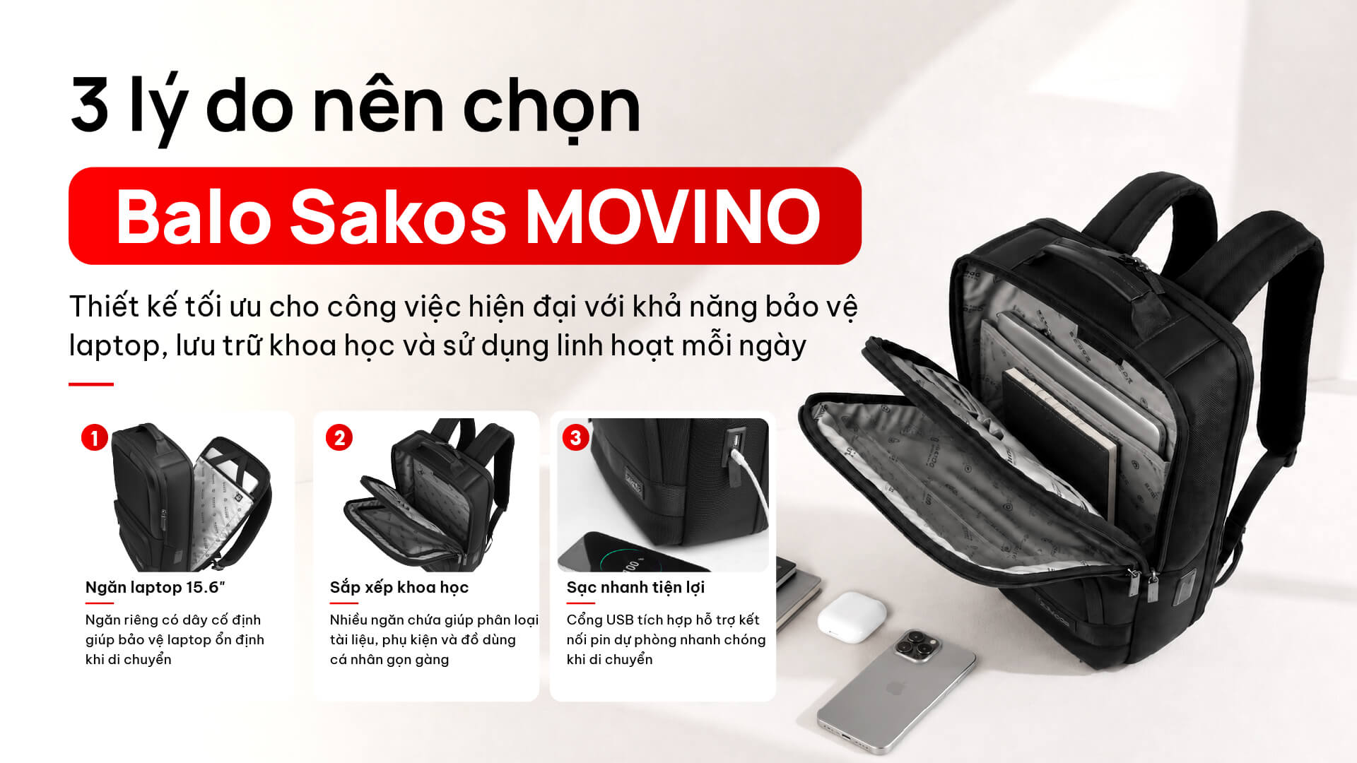 Balo laptop Sakos Movino 15.6" đen