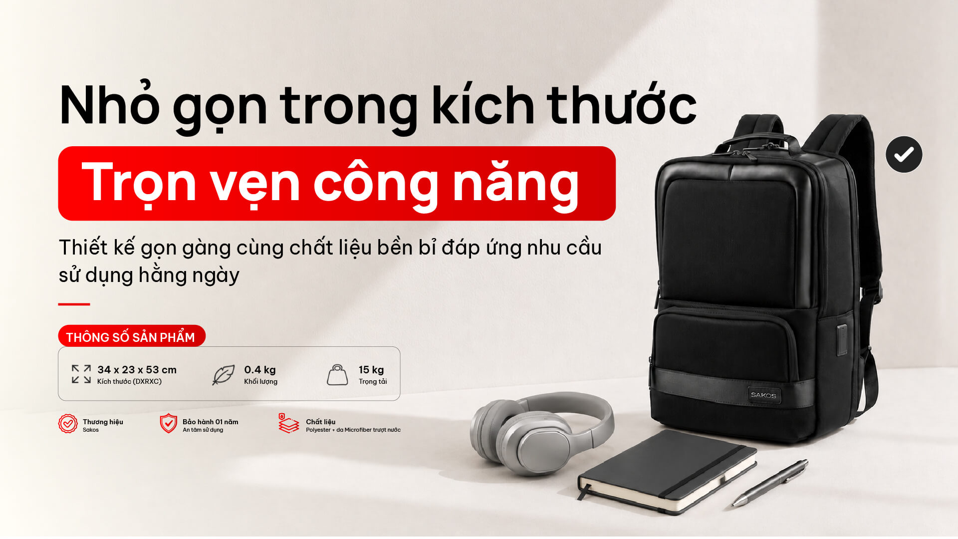 Balo laptop Sakos Movino 15.6" đen