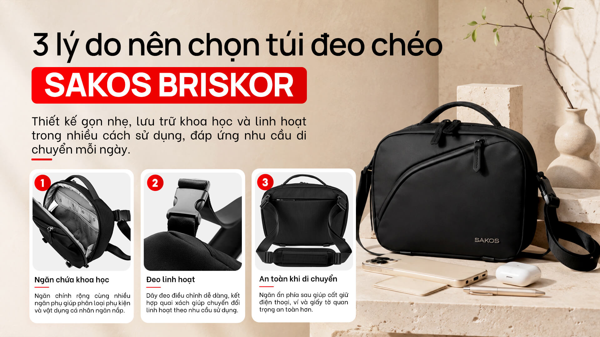 Túi đeo chéo Sakos Briskor đen